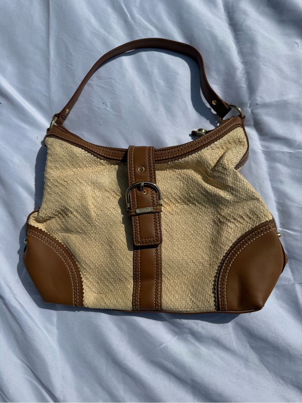 Chaps Beige and Brown Shoulder Bag with Buckle Detail